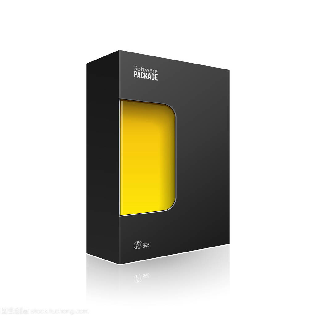黑色現代軟件產品包裝盒, 帶有黃色橙色窗口, 用于 Dvd 或 Cd 盤。3d 在白色背景上的插圖被隔離。為您的設計做好準備。包裝.矢量 Eps10
